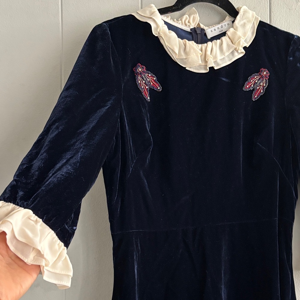 Sandro Paris Navy Velvet Midi Dress with Cream Accents
